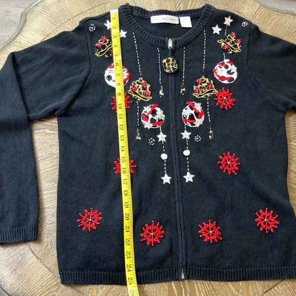 Victoria Jones Black Embroidered Christmas Holiday Cardigan Leopard Print Medium - Picture 14 of 15